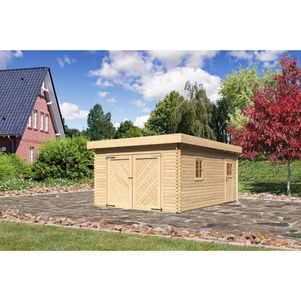 Karibu Blockbohlen Garage 40 Flachdach 387 cm x 537 cm