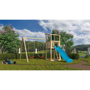 Karibu Spielturm Pultdach Set Doppelschaukelanbau und Rutsche Blau