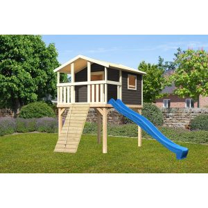 Karibu Stelzenhaus Benjamin Set Terragrau Holzrampe Rutsche 3 m Blau