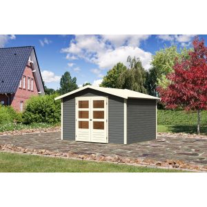 Karibu Holz-Gartenhaus/Gerätehaus Amberg Terragrau Satteldach Lackiert 302 cm x 242 cm