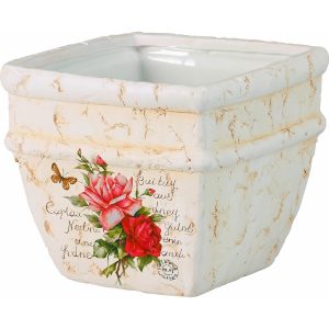 Deko-Pflanztopf mit Rosenmotiv 14 cm x 15 cm x 15 cm Creme