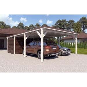 Holzbrüder Doppelcarport Ralf mit Geräteraum Reinweiß 600 x 868 cm Dunkelbraun