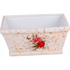 Deko-Pflanzkasten mit Rosenmotiv 11 cm x 22 cm x 13 cm Creme