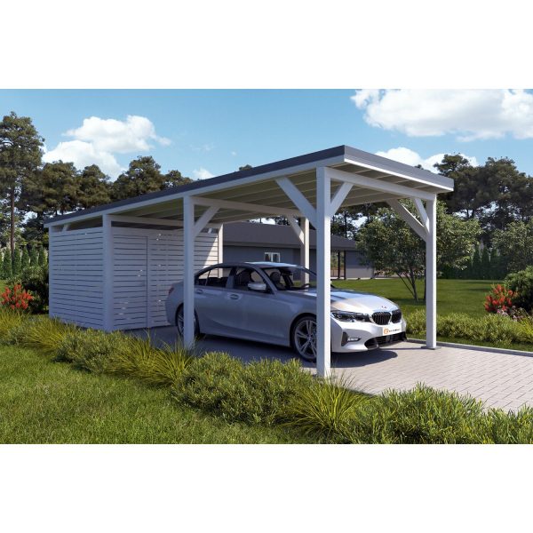 Holzbrüder Carport Ralf mit Geräteraum Reinweiß 300 x 868 cm Dunkelgrau