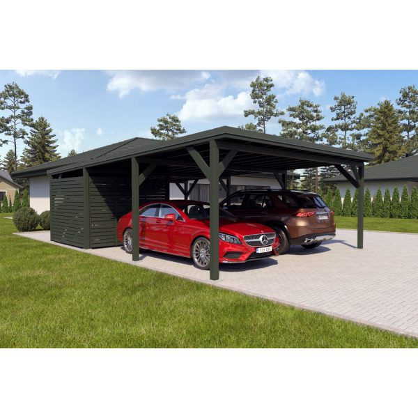 Holzbrüder Doppelcarport Ralf m. kl. Geräteraum Grün 600 x 868 cm Dornengrün