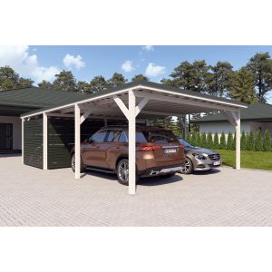 Holzbrüder Doppelcarport Ralf mit Geräteraum Reinweiß 600 x 868 cm Dornengrün