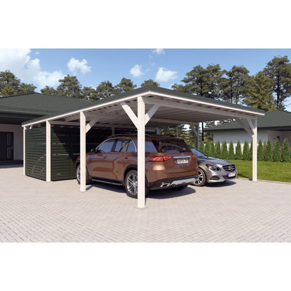 Holzbrüder Doppelcarport Ralf mit Geräteraum Reinweiß 600 x 868 cm Dornengrün