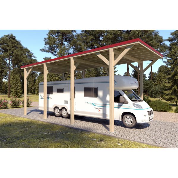 Holzbrüder Camping-Carport Ralf Natur 400 cm x 800 cm Blechdach Rot