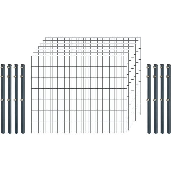 Einsteiger-Zaunset 5/4/5 Doppelstab 7 Matten + 8 Pfosten 250/143 cm Anthrazit