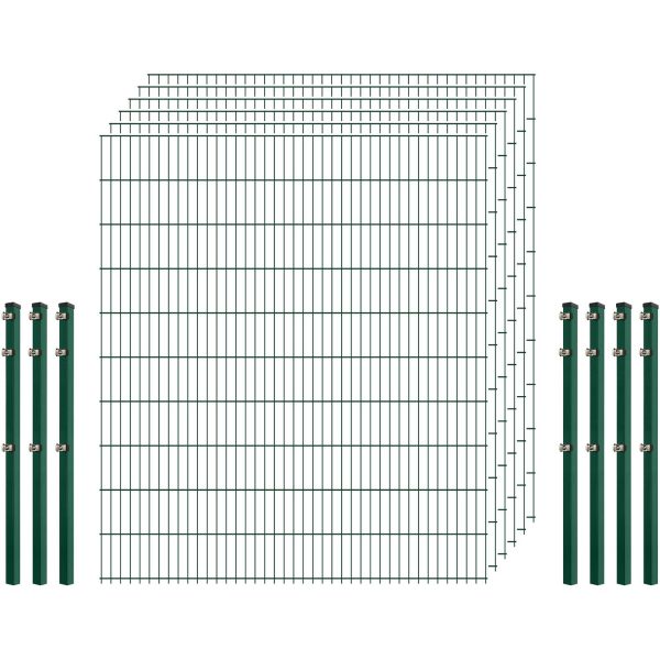Einsteiger-Zaunset 5/4/5 Doppelstab 6 Matten + 7 Pfosten 250/203 cm Dunkelgrün
