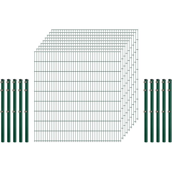 Standard-Zaunset 6/5/6 Doppelstab 9 Matten + 10 Pfosten 250/183 cm Dunkelgrün