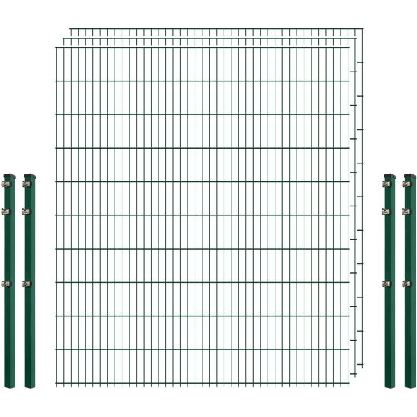 Standard-Zaunset 6/5/6 Doppelstab 3 Matten + 4 Pfosten 250/203 cm Dunkelgrün