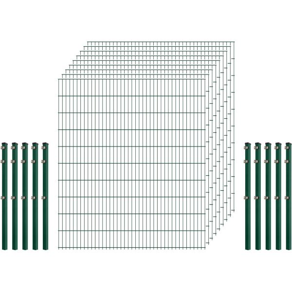 Standard-Zaunset 6/5/6 Doppelstab 9 Matten + 10 Pfosten 250/203 cm Dunkelgrün