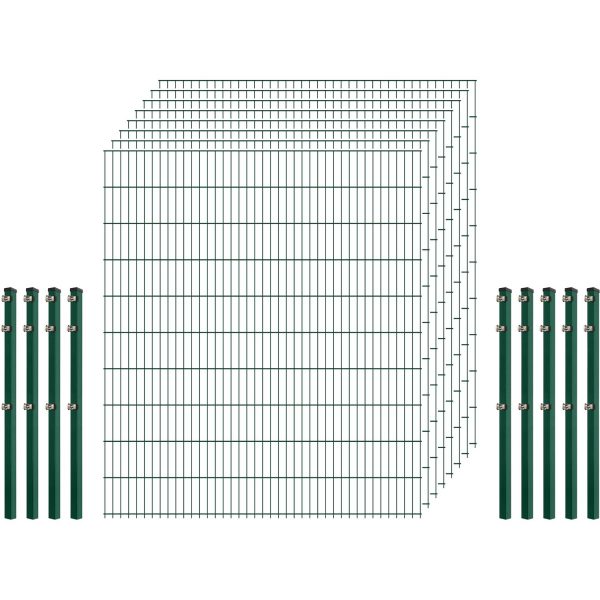 Standard-Zaunset 6/5/6 Doppelstab 8 Matten + 9 Pfosten 250/203 cm Dunkelgrün