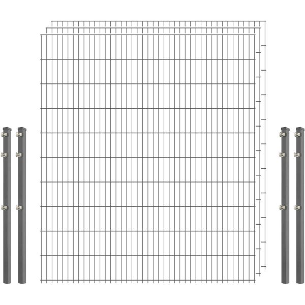 Standard-Zaunset 6/5/6 Doppelstab 3 Matten + 4 Pfosten 250/203 cm Verzinkt