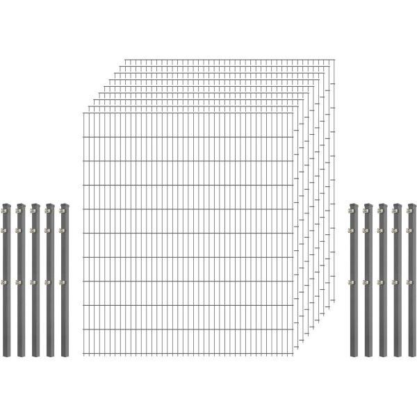 Standard-Zaunset 6/5/6 Doppelstab 9 Matten + 10 Pfosten 250/203 cm Verzinkt