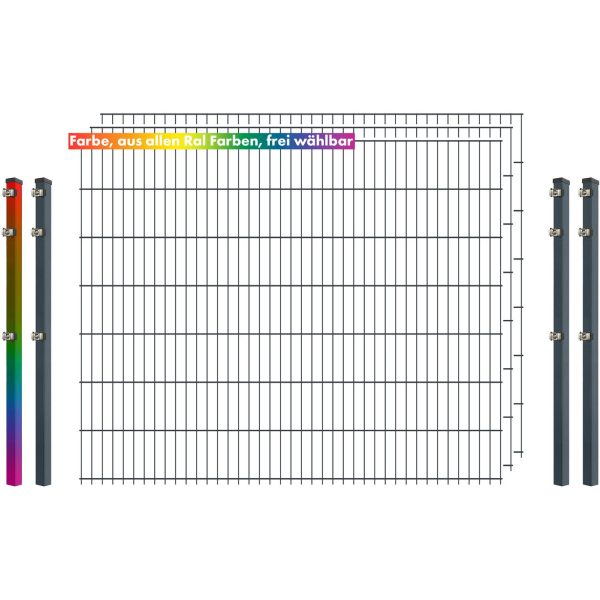 Industrie-Zaunset 8/6/8 Doppelstab 3 Matten +4 Pfosten 250/143 cm Freie Farbwahl