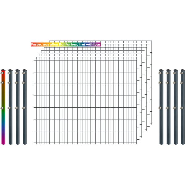 Industrie-Zaunset 8/6/8 Doppelstab 7 Matten +8 Pfosten 250/143 cm Freie Farbwahl