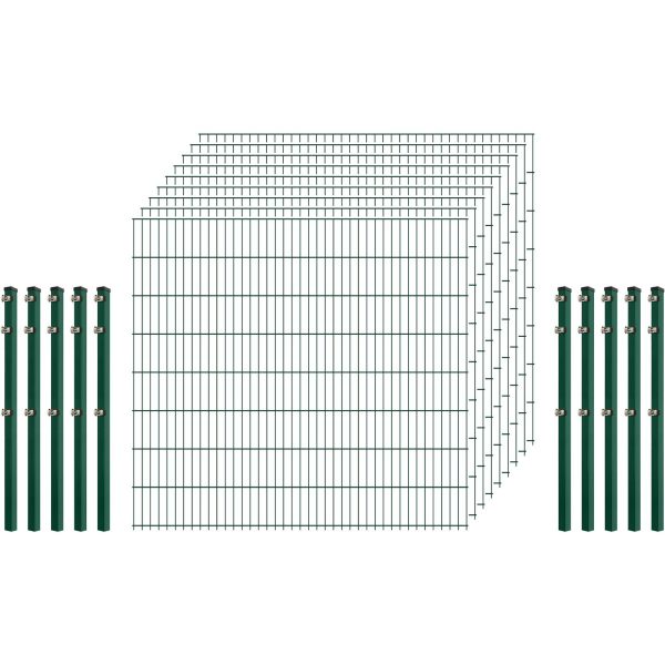 Industrie-Zaunset 8/6/8 Doppelstab 9 Matten + 10 Pfosten 250/163 cm Dunkelgrün