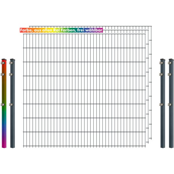 Industrie-Zaunset 8/6/8 Doppelstab 3 Matten +4 Pfosten 250/163 cm Freie Farbwahl