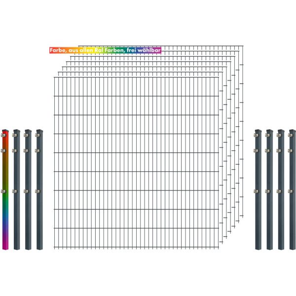 Industrie-Zaunset 8/6/8 Doppelstab 7 Matten +8 Pfosten 250/183 cm Freie Farbwahl