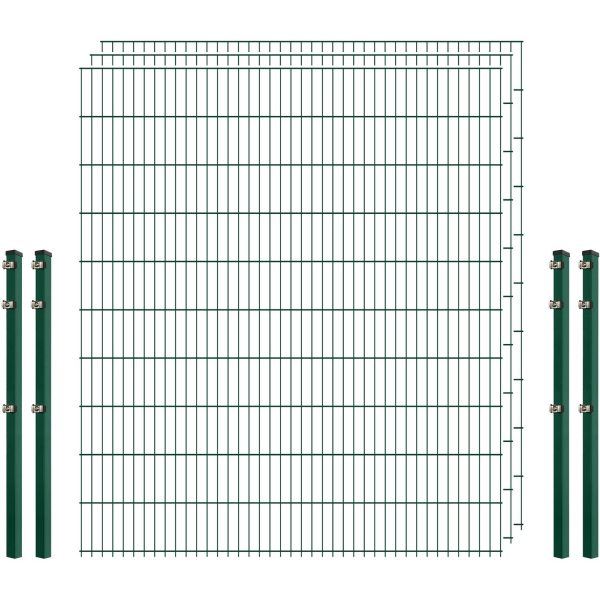 Industrie-Zaunset 8/6/8 Doppelstab 3 Matten + 4 Pfosten 250/203 cm Dunkelgrün