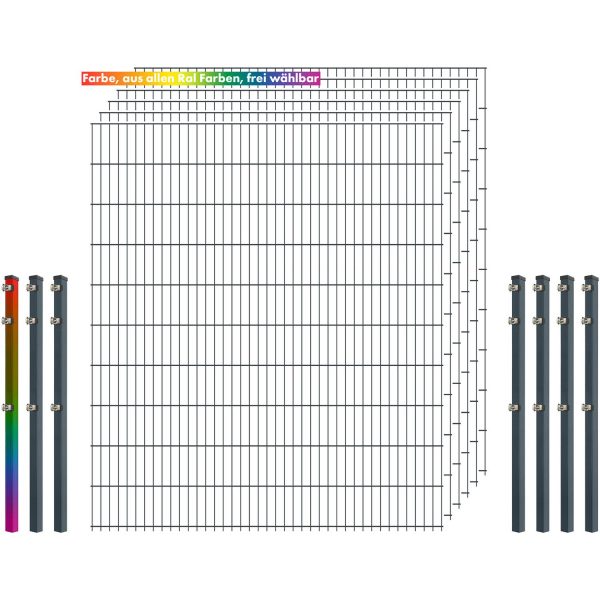 Industrie-Zaunset 8/6/8 Doppelstab 6 Matten +7 Pfosten 250/203 cm Freie Farbwahl