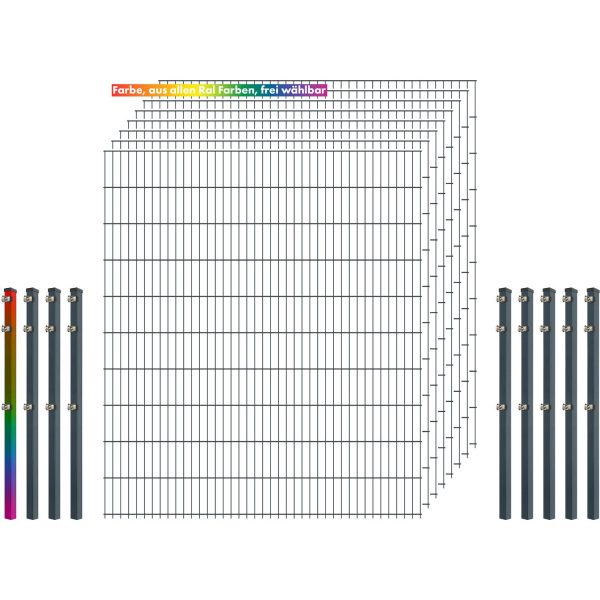 Industrie-Zaunset 8/6/8 Doppelstab 8 Matten +9 Pfosten 250/203 cm Freie Farbwahl