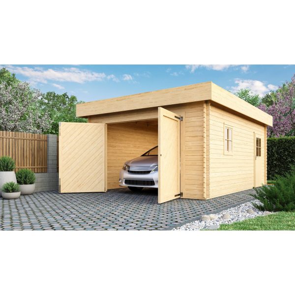 Karibu Blockhausgarage Einzel 28 mm Flachdach naturbelassen