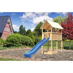 Karibu Kinderspielturm Danny Satteldach Set naturb. m. Rutsche Blau