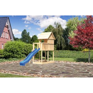 Karibu Kinderspielhaus Frieda Set Aktion 2 naturb. m. Anbau u. Rutsche Blau