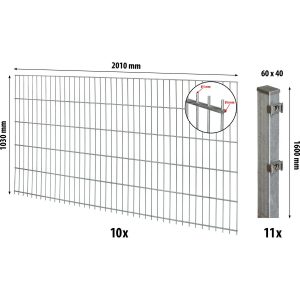 Floraworld Doppelstabmatten-Zaunset mit Pfosten 6 x 4 cm Verzinkt 103 x 2000 cm