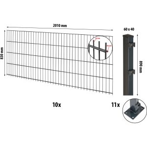 Floraworld Doppelstabmatten-Zaunset mit Bodenplatte Anthrazit 83 cm x 2000 cm