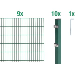Metallzaun Grund-Set Doppelstabmatte verz. Grün beschichtet 9 x 2 m x 0