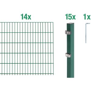 Metallzaun Grund-Set Doppelstabmatte verz. Grün beschichtet 14 x 2 m x 1