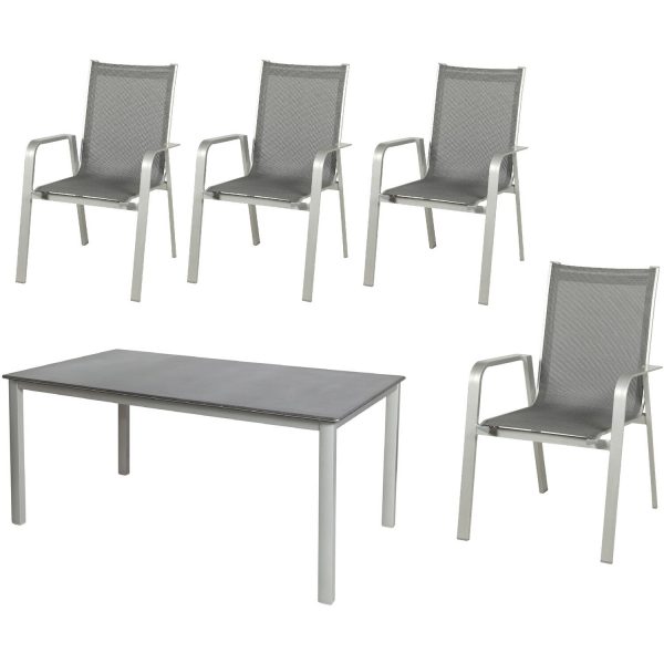 Acamp Set 4x Stapelsessel Urban 1x Tisch Acaplan Loft 160x90 cm Platin-Schiefer