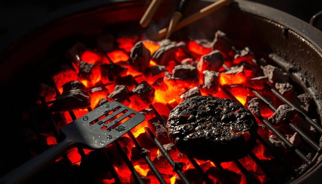 A charcoal grill smoldering with glowing embers, surrounded by scattered utensils and half-cooked food. The scene captures the frustration of temperature control struggles - a spatula lies abandoned, a blackened burger sits neglected. Shadows cast by the flickering flames create a moody, dramatic atmosphere. Beads of sweat on the grill's surface suggest the intense heat. The overall composition emphasizes the challenges of maintaining the ideal grilling temperature, a key theme of the article's section on common problems and solutions.