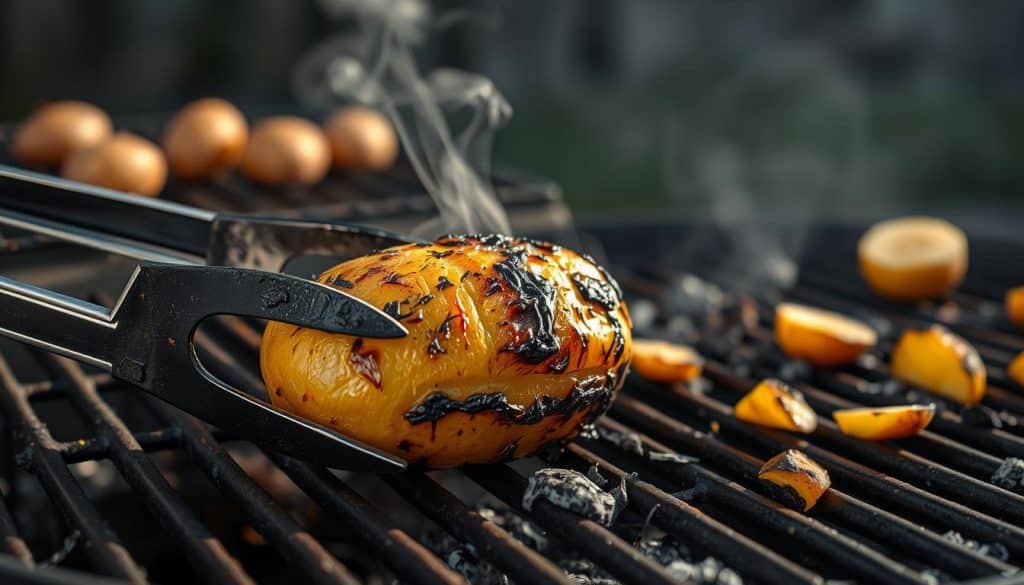 A charred and blackened potato lies haphazardly on a grill, surrounded by wisps of smoke. In the foreground, a pair of tongs clumsily grips the scorched vegetable, a testament to the pitfalls of improper grilling technique. The background fades into a blurred scene of a backyard barbecue, with half-cooked potatoes and scattered ashes suggesting a failed attempt at a simple, rustic dish. Harsh, dramatic lighting casts deep shadows, evoking a sense of culinary calamity. The overall mood is one of frustration and disappointment, a cautionary tale for those who venture to grill potatoes without proper preparation and care.