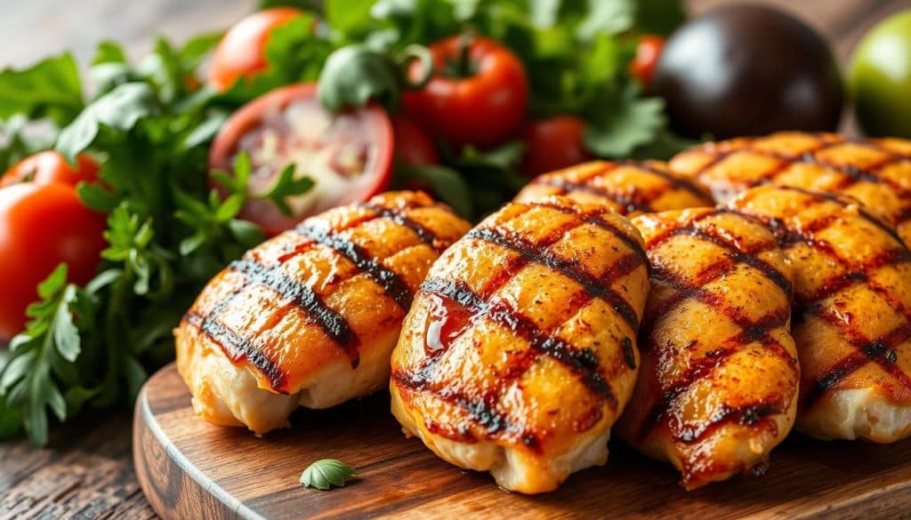 A close-up of freshly grilled Pollo Fino chicken breasts, arranged on a rustic wooden cutting board. The meat glistens with a golden-brown, crispy skin, radiating an appetizing aroma. In the background, a tangle of leafy greens, vibrant tomatoes, and other fresh vegetables create a visually balanced, health-focused composition. Soft, natural lighting from the side highlights the succulent texture of the chicken and casts subtle shadows, conveying a sense of depth and dimensionality. The overall scene exudes a sense of nutritious goodness and culinary expertise, perfectly suited to illustrate the "Nährwerte und gesundheitliche Vorteile" section of the article.