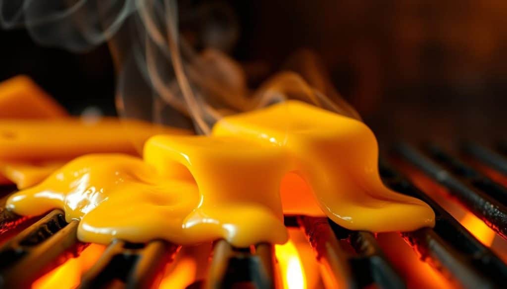 A close-up shot of a grill grate with melting slices of golden cheddar cheese, steam rising from the grill surface. The cheese is slowly oozing and dripping, creating tantalizing cheese pulls. The grill is hot and glowing, casting a warm, amber light across the scene. The background is blurred, keeping the focus on the cheese as the star of the image. Subtle hints of charred grill marks can be seen on the cheese, adding depth and texture. The overall mood is mouthwatering and inviting, perfectly capturing the process of melting cheese on a hot grill.