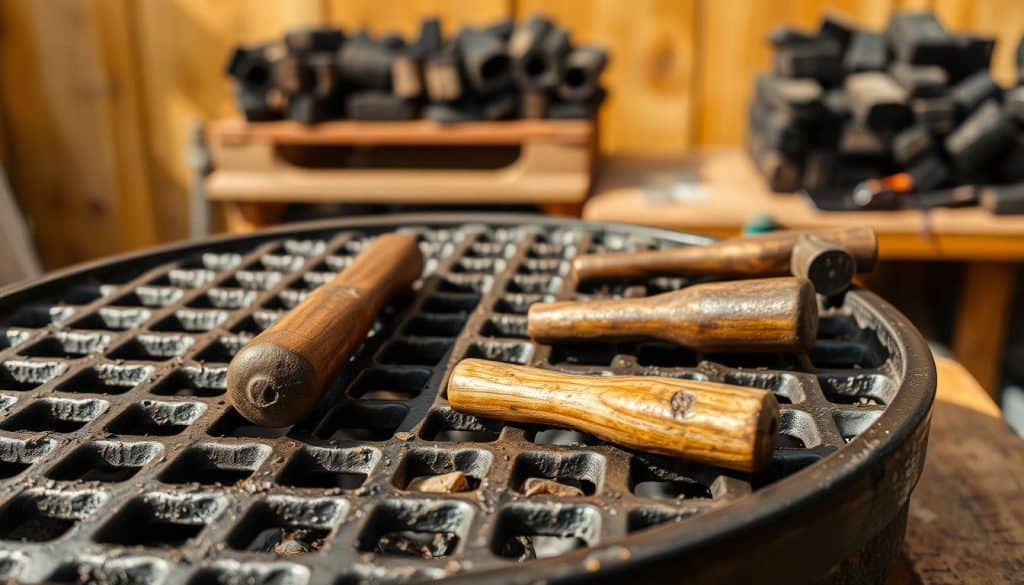 A close-up view of a cast iron grill grate, its surface charred and seasoned from repeated use. The grill is placed on a sturdy workbench, bathed in warm, natural lighting. Worn wooden handles on the grate suggest years of faithful service. In the background, a stack of neatly arranged charcoal briquettes stands ready for the next grilling session. The overall scene conveys a sense of well-used, well-loved, and well-maintained outdoor cooking equipment, ready to be fired up once more.