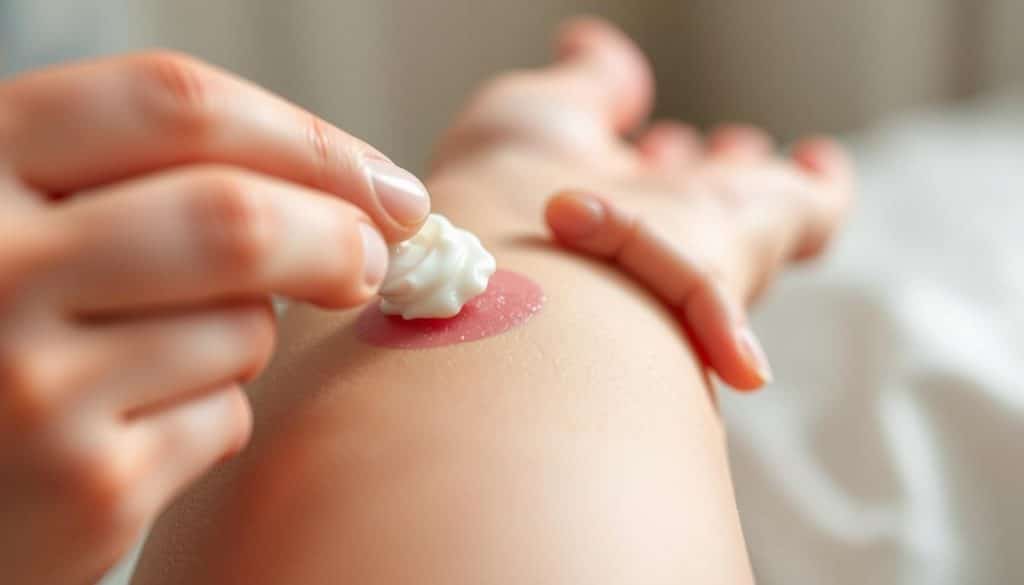 A close-up view of a person's hand applying a soothing ointment or cream to a mosquito bite on their forearm. The skin around the bite is red and inflamed, indicating the irritating effects of the insect's saliva. The lighting is soft and diffused, creating a calming atmosphere. The hand movement is gentle and nurturing, conveying the act of providing relief and treatment. The background is blurred, keeping the focus on the intimate, healing interaction between the hand and the affected skin. The overall scene communicates the experience of seeking immediate, effective care for a common summertime annoyance.
