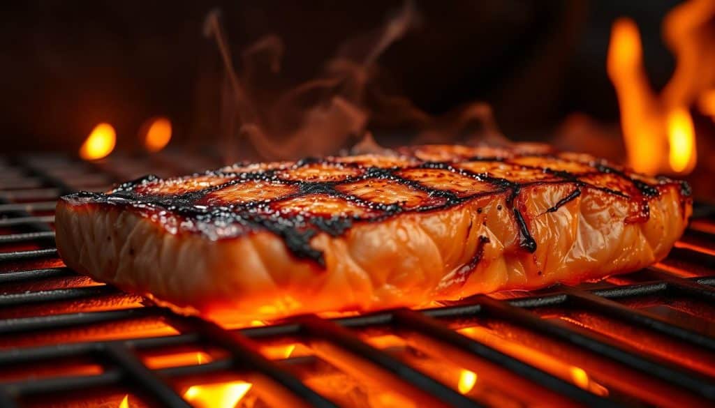 A close-up view of a sizzling steak on a gas grill, with the surface clearly showing the Maillard reaction in progress. The grill grates are visible, creating a strong sense of depth and texture. Warm, golden-brown hues dominate the scene, with wisps of smoke curling upwards. Glowing embers are visible in the background, casting a soft, fiery glow. The image conveys the intense heat and chemical reactions taking place, illustrating the crucial timing required to achieve the perfect grilled salmon.