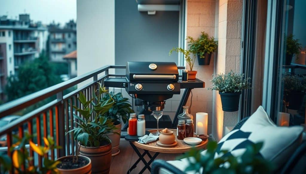 A cozy balcony setting, with a neatly arranged grill station on a small table. The grill is ready for action, with an array of utensils and seasonings nearby. Lush potted plants and a few decorative items add a touch of charm. Warm, diffused lighting bathes the scene, creating a relaxed, inviting atmosphere. The balcony railing is visible in the background, hinting at the urban environment beyond. A sense of order and adherence to safety guidelines pervades the composition, reflecting the "Grillen Balkon Regeln" theme.
