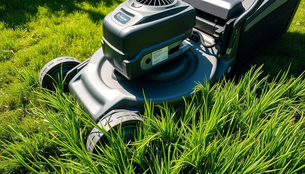 A high-angle view of a powerful motorized lawn mower, its sleek and modern design showcasing its advanced features. The mower's sharp blades spin swiftly, effortlessly cutting through lush, verdant grass. Sunlight dapples the scene, casting shadows that accentuate the machine's sturdy construction and smooth, metallic surfaces. In the background, a neatly manicured lawn stretches out, highlighting the mower's efficient performance. The overall atmosphere conveys a sense of effortless lawn maintenance and the convenience of modern motorized technology.