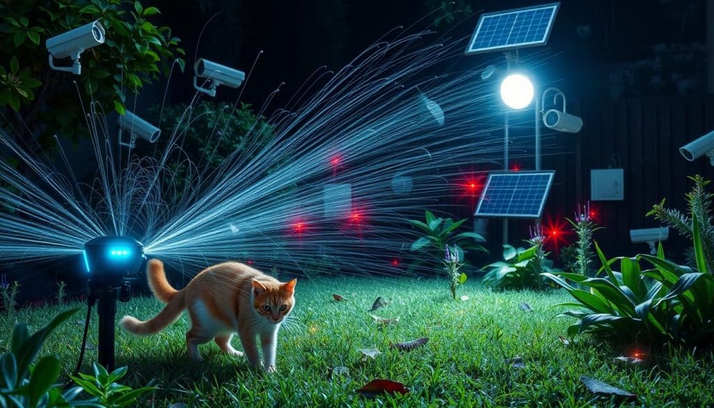 A high-tech garden filled with innovative anti-cat devices. In the foreground, a motion-activated sprinkler system startles a curious feline. In the middle ground, a solar-powered ultrasonic repeller emits a disruptive frequency. The background features an array of hidden cameras and infrared sensors, creating a multilayered technological deterrent. Bright LED lighting illuminates the scene, creating an ominous yet effective atmosphere. The overall composition evokes a futuristic, cyberpunk-inspired landscape designed to outwit the persistent paw-steps of neighborhood cats.