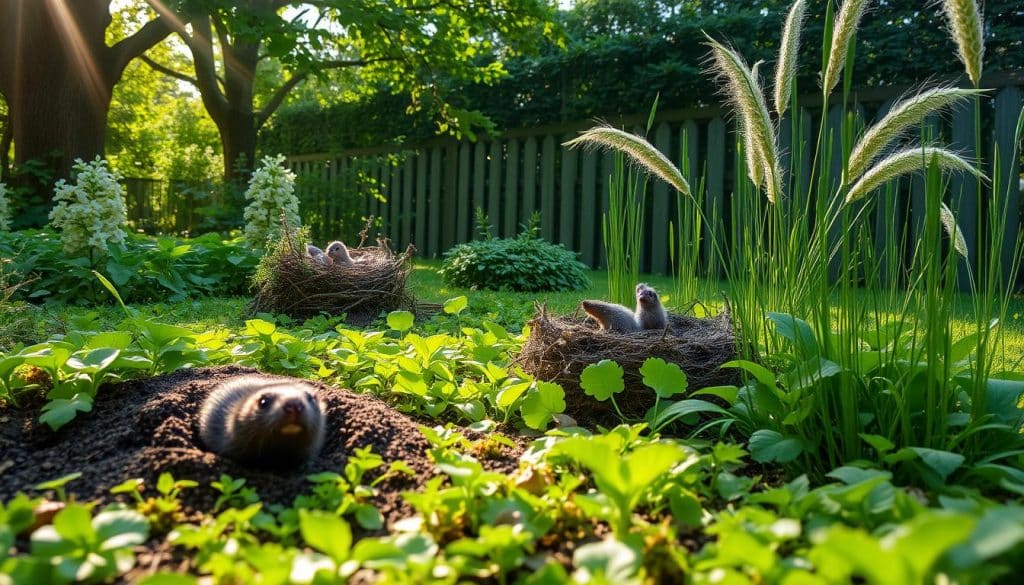 A lush garden filled with thriving plants and vibrant greenery. In the foreground, a curious mole pokes its head out of a neatly crafted burrow, its small eyes surveying the surroundings. Sunlight filters through the canopy of trees, casting a warm, gentle glow across the scene. In the middle ground, a bird's nest rests in a shrub, the tiny occupants peeking out curiously. Tall grasses sway in the soft breeze, creating a sense of tranquility. The background features a picturesque fence, blending seamlessly with the natural landscape. The overall mood is one of peaceful coexistence, where the protected wildlife is honored and respected within the carefully tended garden.
