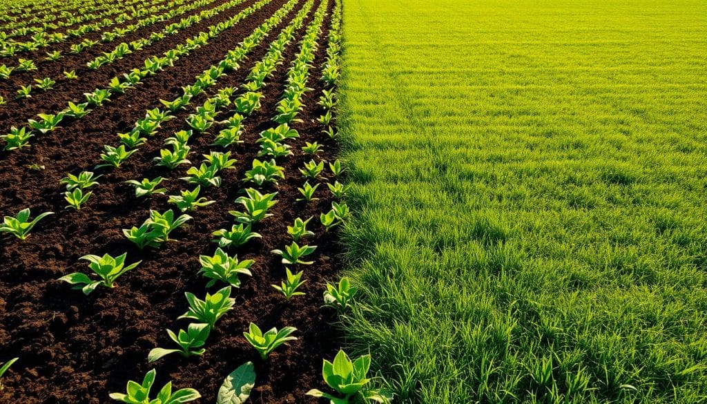 A lush, verdant field stretching out, divided by a clear line into two distinct halves. On the left, a rich, dark soil with vibrant, healthy plants - an organic fertilizer spread evenly across the surface. On the right, a more sterile, uniform looking lawn, with a slight sheen to the grass blades - the result of a carefully applied mineral-based fertilizer. Warm, natural daylight illuminates the scene, casting soft shadows and highlighting the contrasting textures. The viewer is drawn to the subtle differences in growth, color, and overall vitality between the two fertilized areas, inviting contemplation on the merits of organic vs. mineral approaches to lawn care.