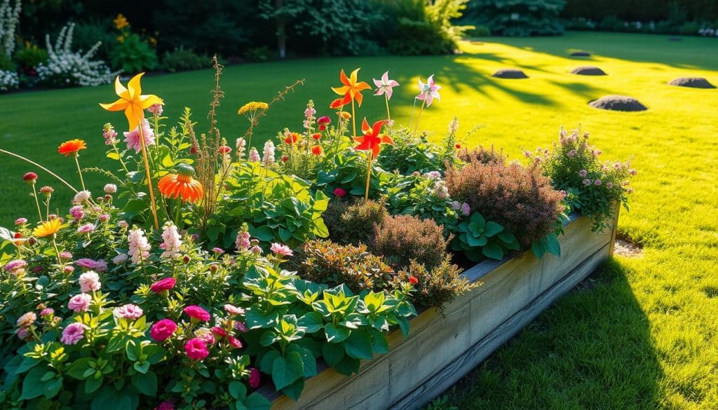 A lush, verdant garden in the warm morning light, the focus on a carefully curated raised bed. In the foreground, diverse companion plants - flowering perennials, herbs, and tough ground covers - intertwine to create a natural barrier against the unwanted intrusion of moles. The middle ground features discreet yet effective deterrents - vibrant pinwheels, strategically placed ultrasonic devices, and natural repellents like castor oil plants. The background depicts the well-tended lawn, dotted with small mounds that have been leveled, a testament to the successful long-term prevention of mole activity. The overall atmosphere is one of harmony, where the gardener's thoughtful interventions blend seamlessly with the surrounding natural beauty.