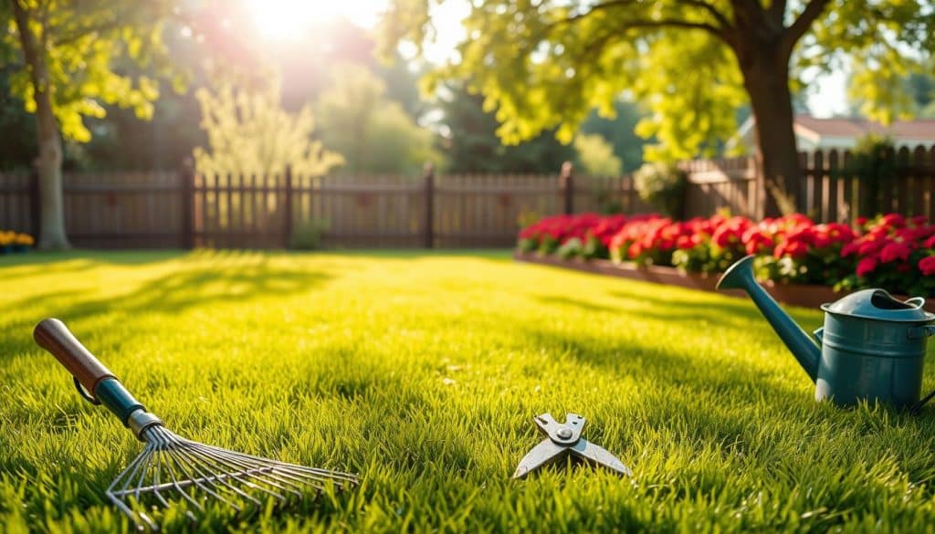 A lush, well-maintained lawn in a tranquil garden setting. Soft, diffused sunlight filters through the leaves of surrounding trees, casting gentle shadows across the freshly mowed grass. In the foreground, a gardener's tools - a rake, a pair of pruning shears, and a watering can - are neatly arranged, hinting at the care and attention required for post-mowing lawn maintenance. The middle ground features a verdant carpet of grass, its blades gently swaying in a light breeze. In the background, a picturesque wooden fence and a row of vibrant flowerbeds add depth and visual interest to the scene. The overall mood is one of serene, pastoral elegance, inviting the viewer to contemplate the importance of proper lawn care.